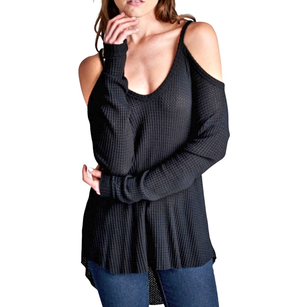 Honey Punch Black Waffle Knit Cold Shoulder Top - Size Medium